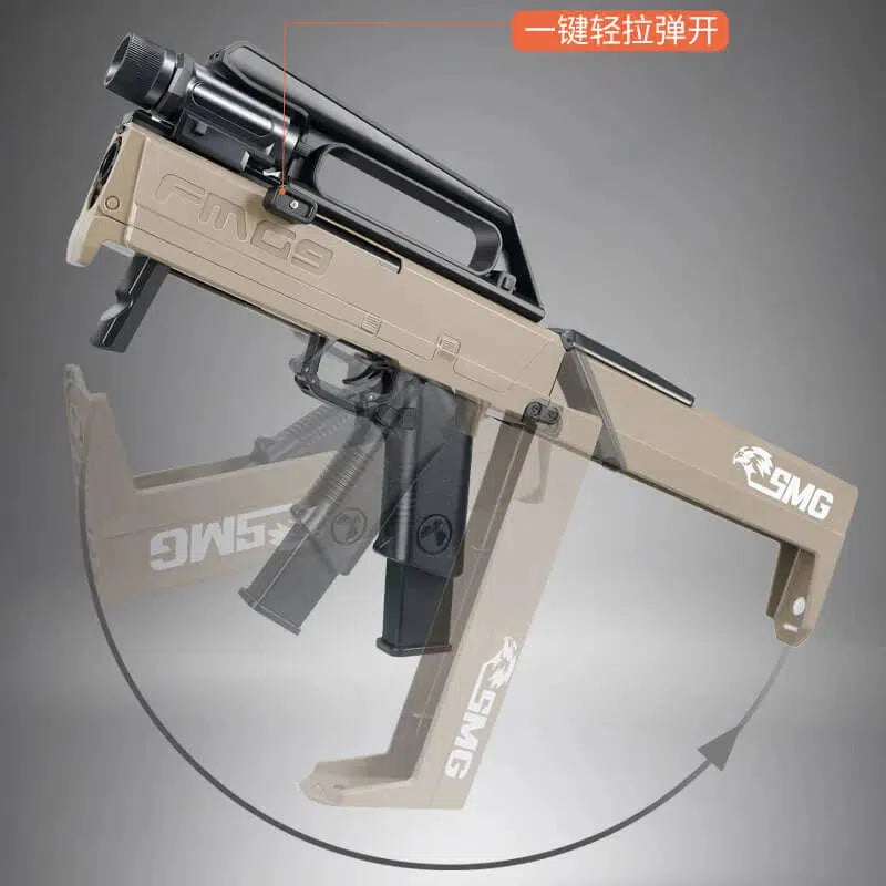 FMG-9 Shell Ejecting Plastic Folding Foam Blaster Toy — stock and grip detail