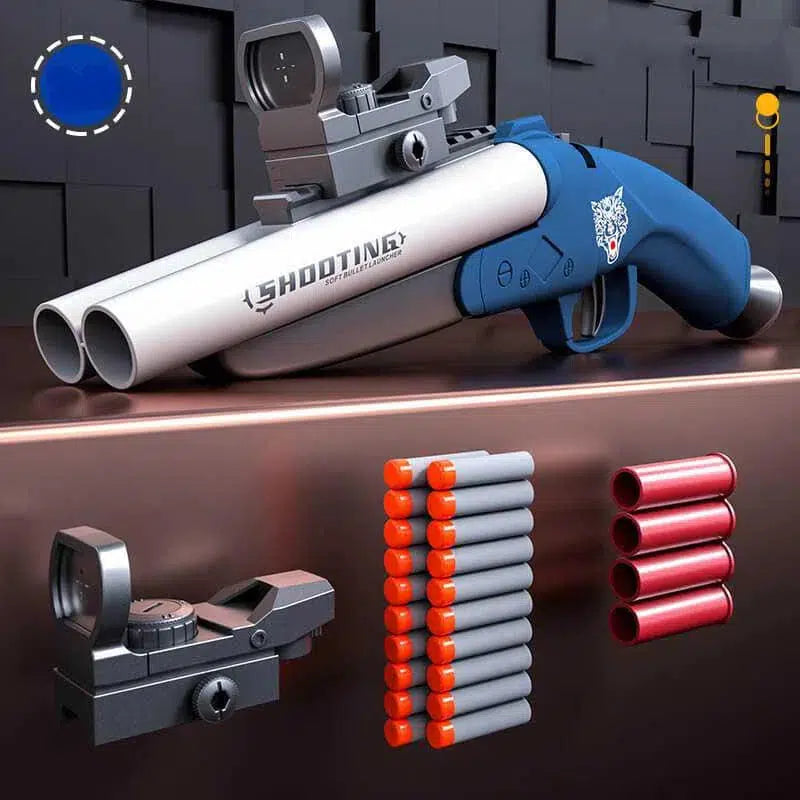 double-barrel-shotgun-class Sawed Off Dart Blaster w/ Ejecting Shells — stock and grip detail