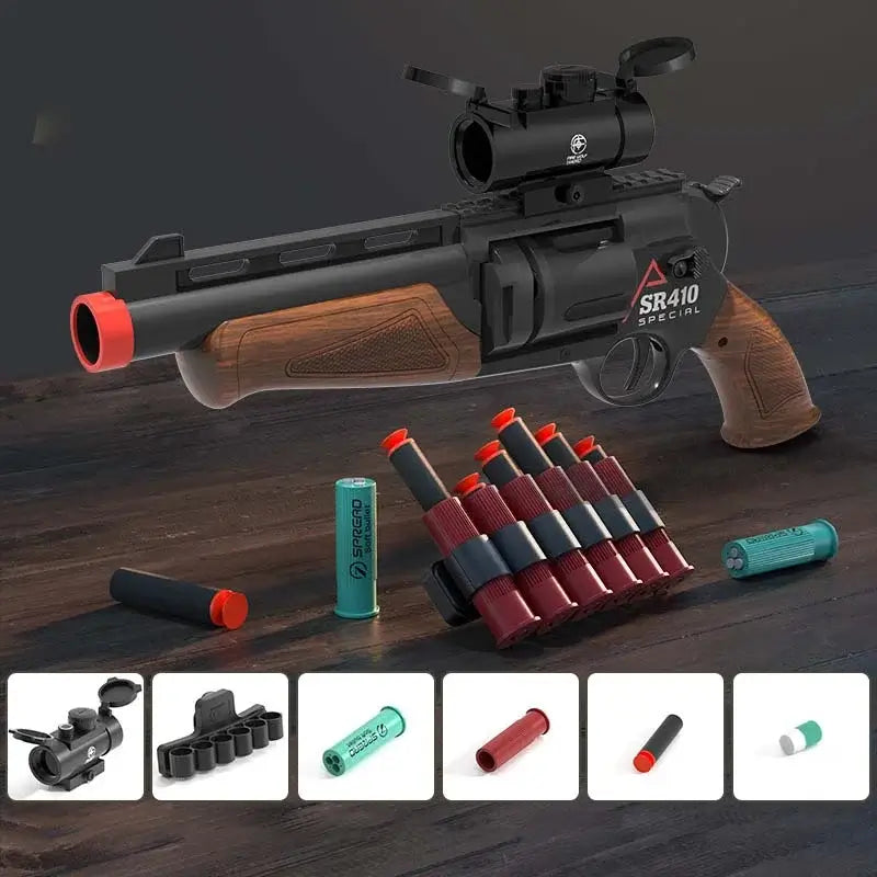 Short Sulun SR-410 Revolver Blaster with Gel Ball / Foam Dart Shells — trigger group close-up