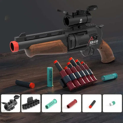 Short Sulun SR-410 Revolver Blaster with Gel Ball / Foam Dart Shells — trigger group close-up