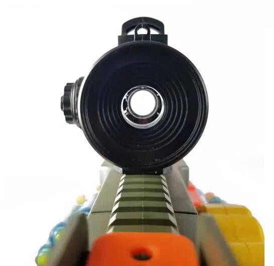 JF heavy-automatic-class Electric Soft Bullet Dart Blaster Belt-Fed — muzzle and barrel detail