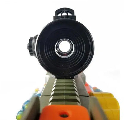 JF heavy-automatic-class Electric Soft Bullet Dart Blaster Belt-Fed — muzzle and barrel detail