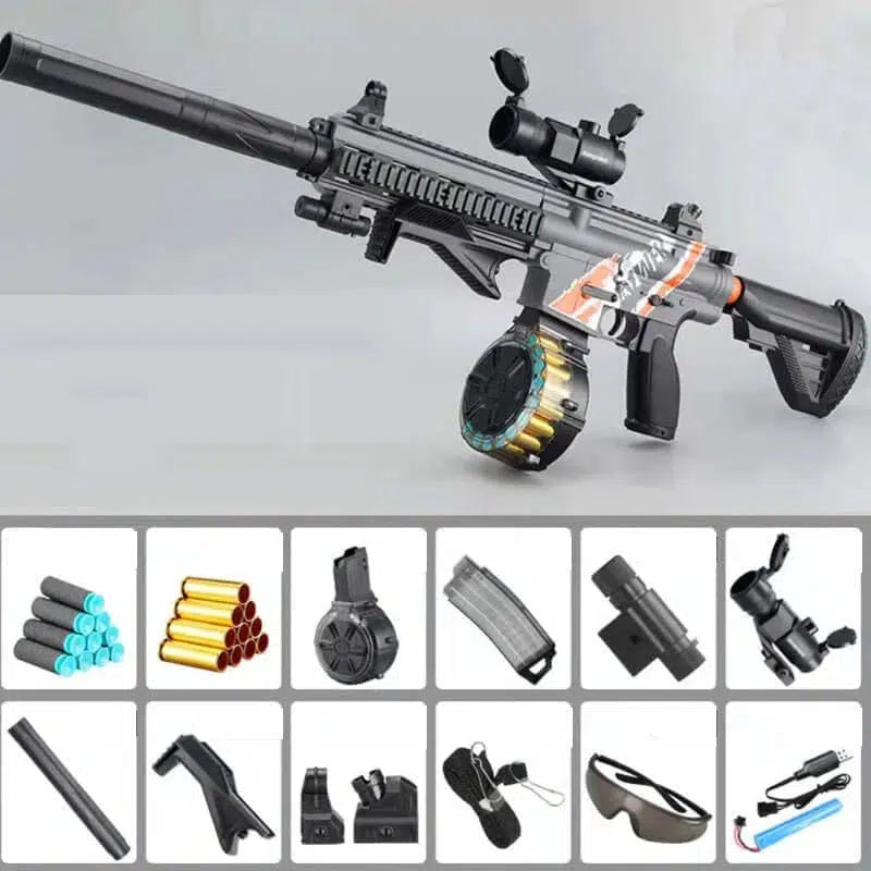Lehui rifle-class AK74u Shell Ejecting Drum Foam Dart Blaster — trigger group close-up
