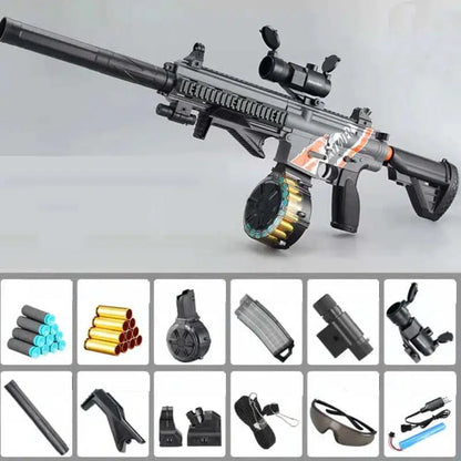 Lehui rifle-class AK74u Shell Ejecting Drum Foam Dart Blaster — trigger group close-up