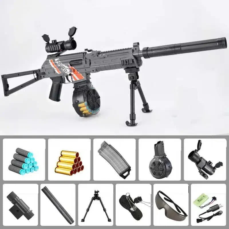 Lehui rifle-class AK74u Shell Ejecting Drum Foam Dart Blaster — stock and grip detail