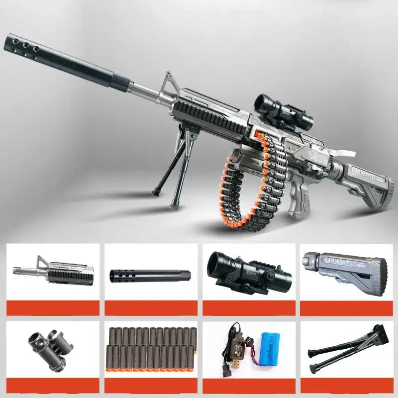 M4 + M249 Hybrid Electric Belt-Fed AEB foam-dart Dart Blaster — trigger group close-up