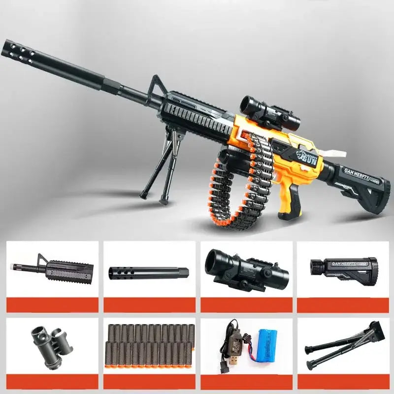 M4 + M249 Hybrid Electric Belt-Fed AEB foam-dart Dart Blaster — muzzle and barrel detail