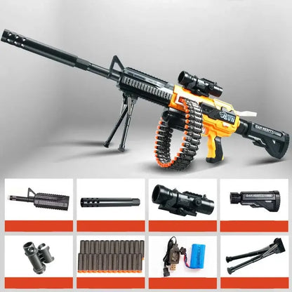 M4 + M249 Hybrid Electric Belt-Fed AEB foam-dart Dart Blaster — muzzle and barrel detail