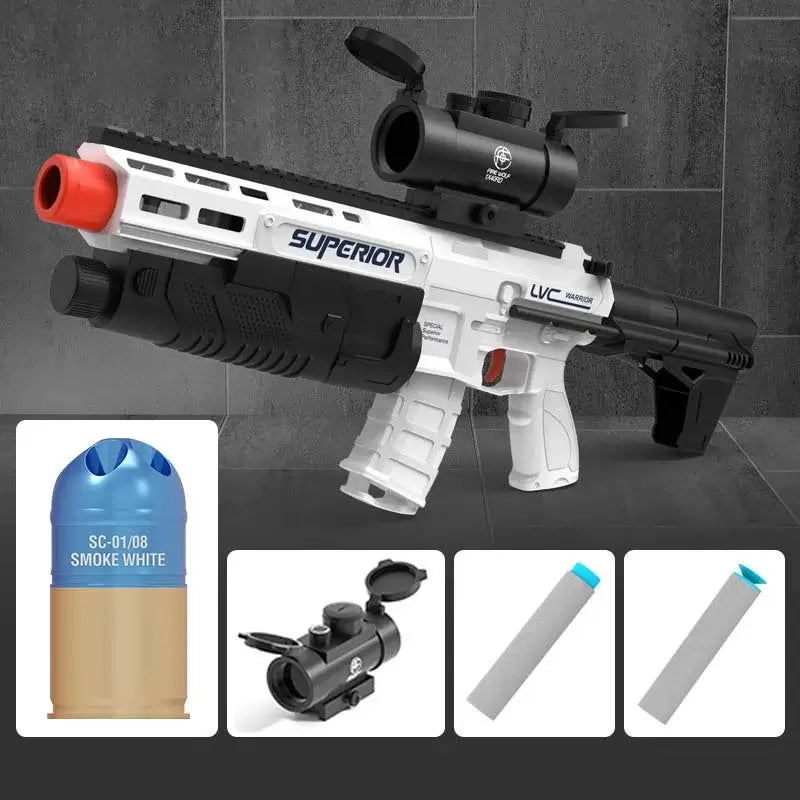 POX Manual Grenade Launcher Rifle Foam Dart Blaster — stock and grip detail