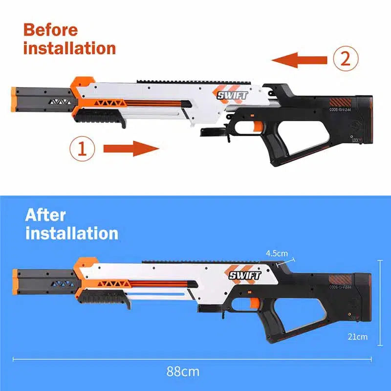 Worker Swift Foam Dart Blaster — stock and grip detail