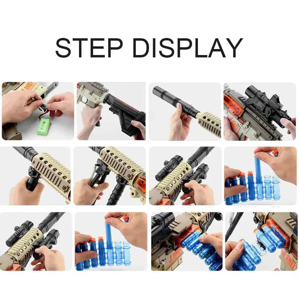 JF heavy-automatic-class Electric Soft Bullet Dart Blaster Belt-Fed — stock and grip detail