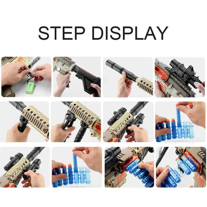 JF heavy-automatic-class Electric Soft Bullet Dart Blaster Belt-Fed — stock and grip detail