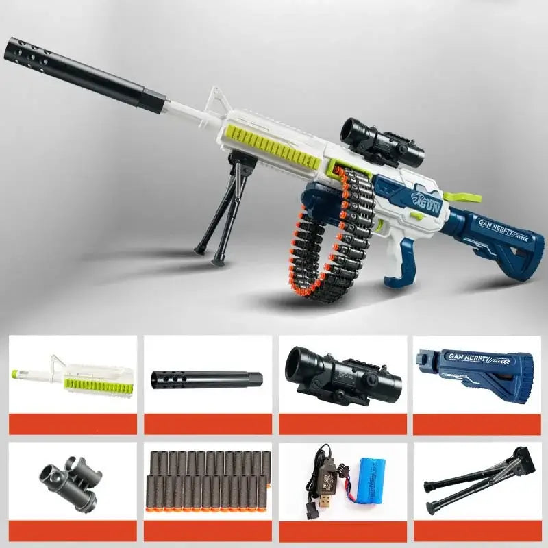 M4 + M249 Hybrid Electric Belt-Fed AEB foam-dart Dart Blaster — stock and grip detail