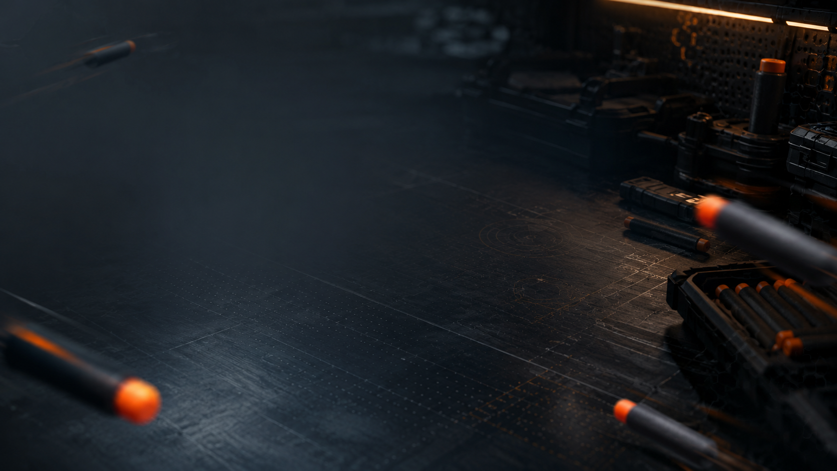 Foam-dart blasters and ammo in a dark studio scene